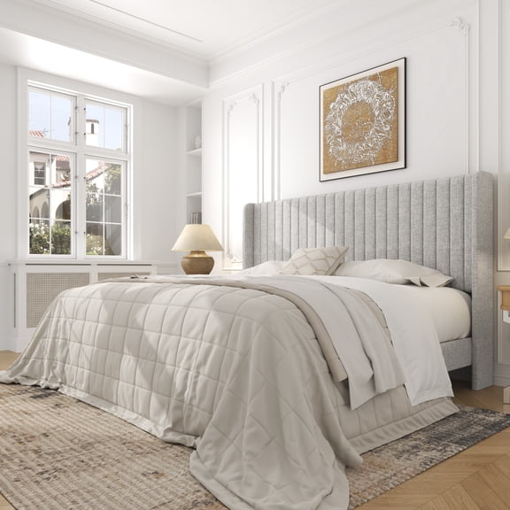 Frostbloom King Size Linen Fabric Upholstered Bed with Wingback Headboard, Light Gray