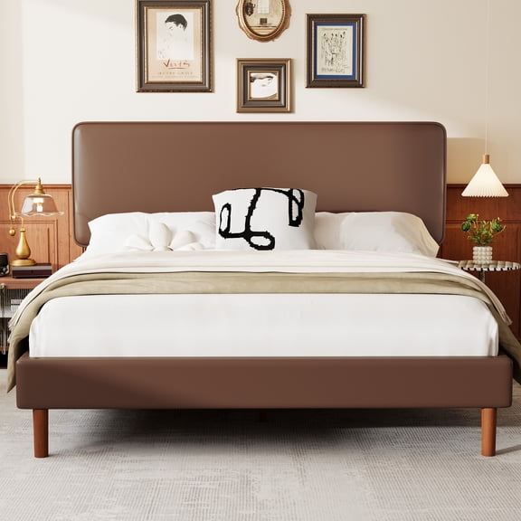 Frostbloom King Bed Frame, Upholstered Faux Leather Platform Bed with Adjustable Headboard, Dark Brown