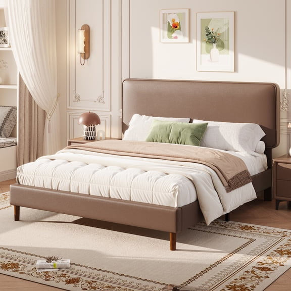 Frostbloom King Bed Frame, Upholstered Faux Leather Platform Bed with Adjustable Headboard, Dark Brown