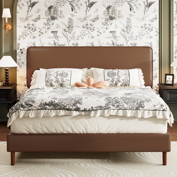 Frostbloom King Bed Frame, Upholstered Faux Leather Platform Bed with Adjustable Headboard, Dark Brown