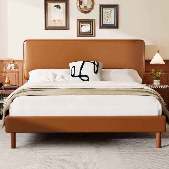 Frostbloom King Bed Frame, Upholstered Faux Leather Platform Bed with Adjustable Headboard, Orange Brown