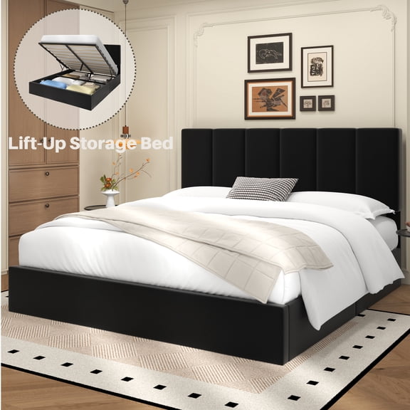 Frostbloom King Size Lift-Up Storage Platform Bed frame with Velvet Upholstered Headboard, Black