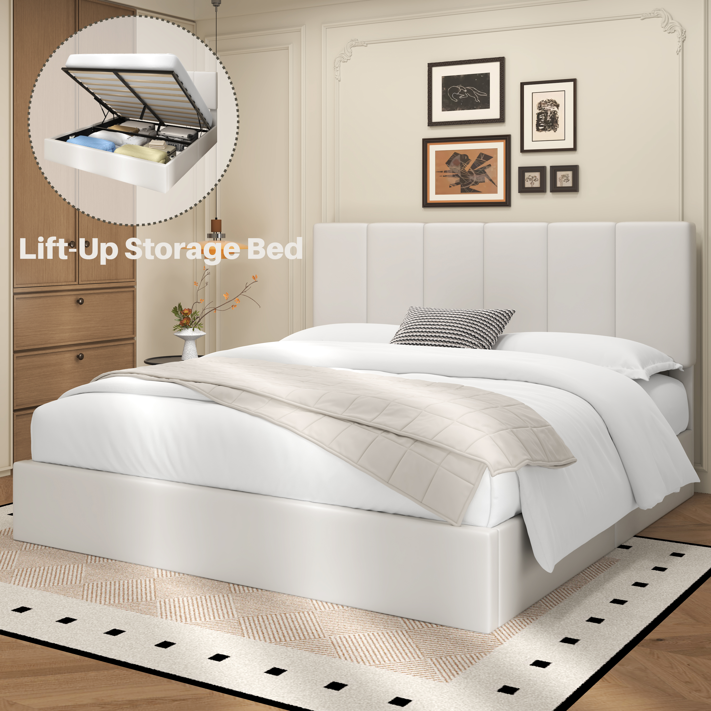 Frostbloom King Size Lift-Up Storage Platform Bed frame with Velvet Upholstered Headboard, Off-White