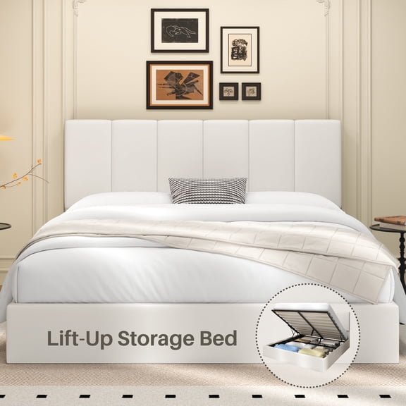 Frostbloom King Size Lift-Up Storage Platform Bed frame with Velvet Upholstered Headboard, Off-White