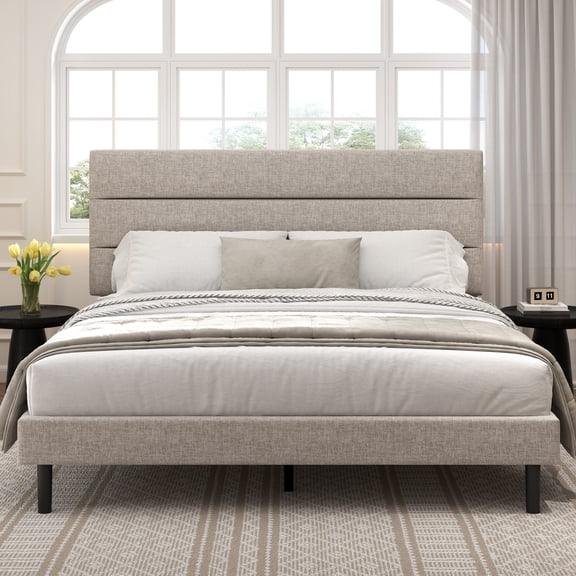 Frostbloom King Size Platform Bed Frame with Linen Fabric Upholstered Headboard, No Box Spring Needed, Beige