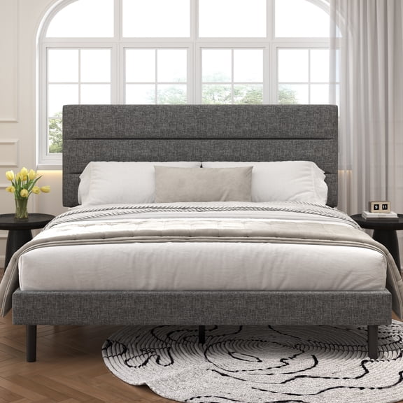 Frostbloom King Size Platform Bed Frame with Linen Fabric Upholstered Headboard, No Box Spring Needed, Dark Gray