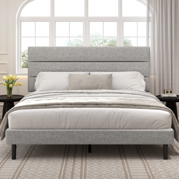 Frostbloom King Size Platform Bed Frame with Linen Fabric Upholstered Headboard, No Box Spring Needed, Light Gray