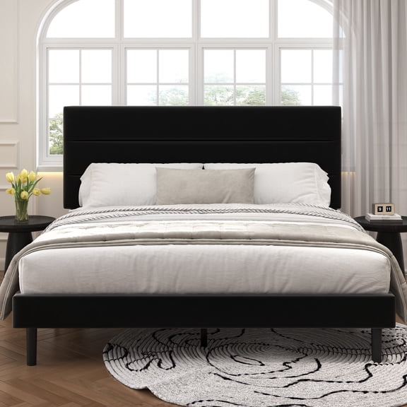 Frostbloom King Size Platform Bed Frame with Velvet Upholstered Headboard, No Box Spring Needed, Black