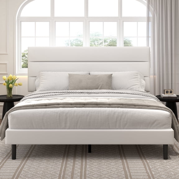 Frostbloom King Size Platform Bed Frame with Velvet Upholstered Headboard, No Box Spring Needed, White