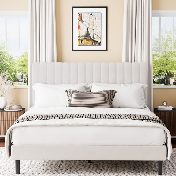 Frostbloom King Size Platform Bed Frame with Velvet Upholstered Headboard, Off-white
