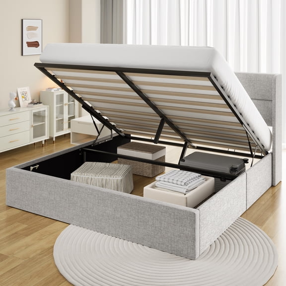Frostbloom King Size Linen Upholstered Storage Platform Bed with Hydraulic Lift, Wingback Headboard, Light Gray