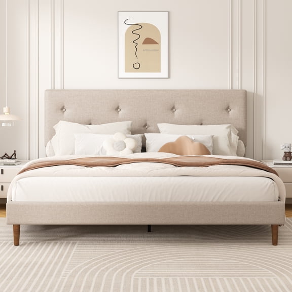 Frostbloom King Size Linen Upholstered Platform Bed Frame with Adjustable Headboard, Beige
