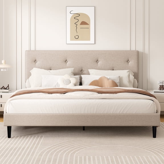 Frostbloom King Size Linen Upholstered Platform Bed Frame with Adjustable Headboard, Beige