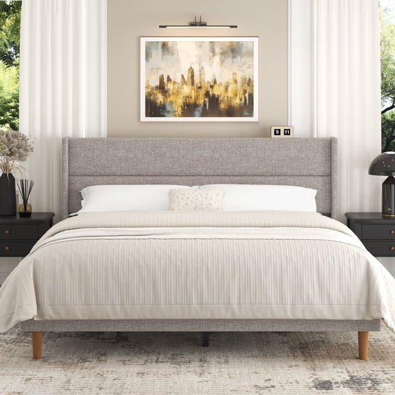 Frostbloom King Size Platform Bed Frame, Linen Upholstered Wingback Headboard, Beige