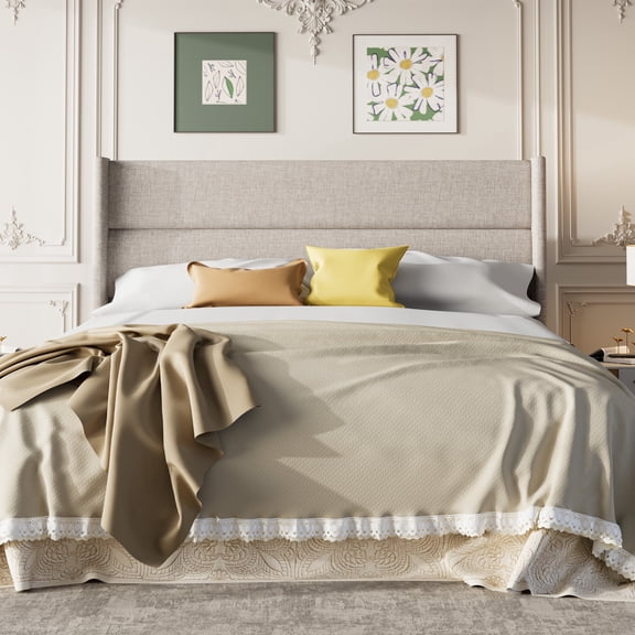 Frostbloom King Size Platform Bed Frame, Linen Upholstered Wingback Headboard, Beige