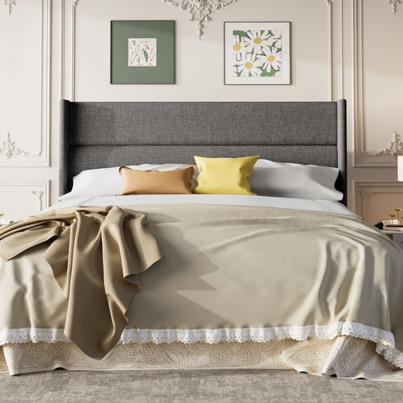 Frostbloom King Size Platform Bed Frame, Linen Upholstered Wingback Headboard, Dark Gray