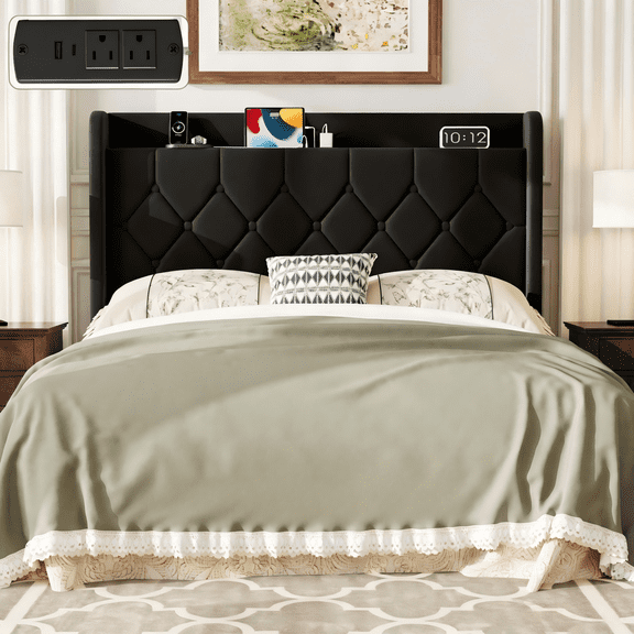 Frostbloom King Size Velvet Bed Frame with USB & Type-C Charging, Diamond-Tufted Wingback Headboard with Storage, Black