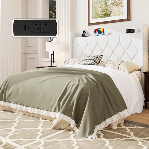 Frostbloom King Size Velvet Bed Frame with USB & Type-C Charging, Diamond-Tufted Wingback Headboard with Storage, White