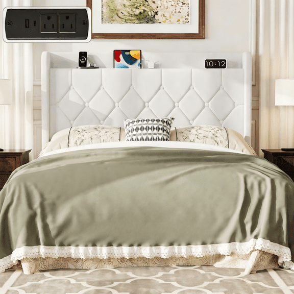 Frostbloom King Size Velvet Bed Frame with USB & Type-C Charging, Diamond-Tufted Wingback Headboard with Storage, White