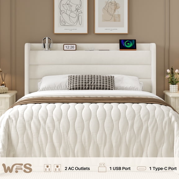 Frostbloom King Size Bed Frame with Usb/Type-C Charging Station Velvet Wingback Headboard White