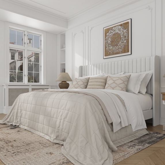Frostbloom King Size Velvet Platform Bed Frame with Vertical Channel Tufted Wingback Headboard, White