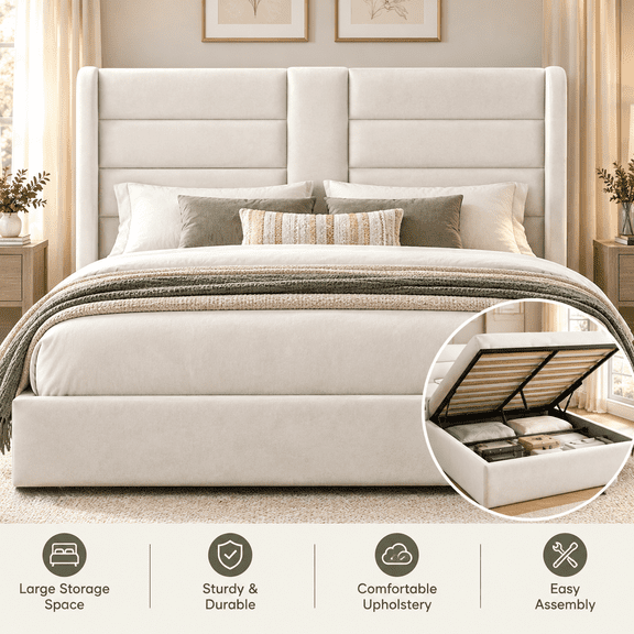 Frostbloom King Size Lift Up Hydraulic Storage Bed Frame Velvet Upholstered Wingback Headboard Off-White