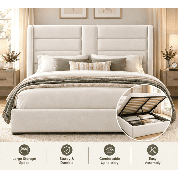 Frostbloom King Size Lift Up Hydraulic Storage Bed Frame Velvet Upholstered Wingback Headboard Off-White