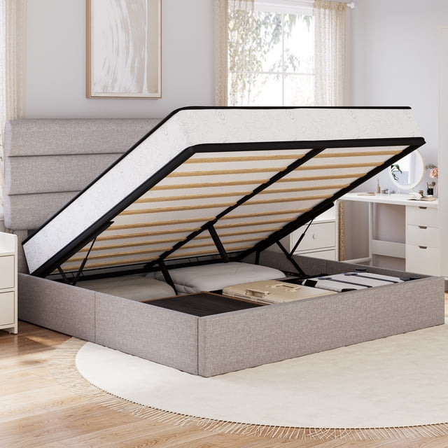 Frostbloom Modern Linen Upholstered King Bed with 3-Panel Wingless ...