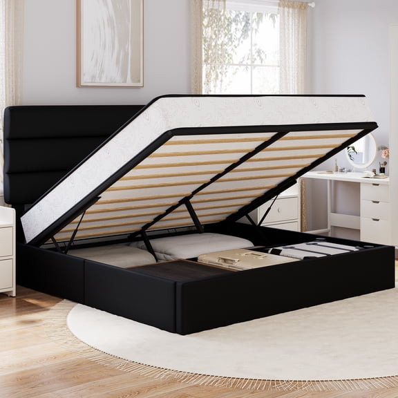 Frostbloom Modern Linen Upholstered King Bed with 3-Panel Wingless Headboard, Lift Up Storage Frame, No Box Spring Needed, Black