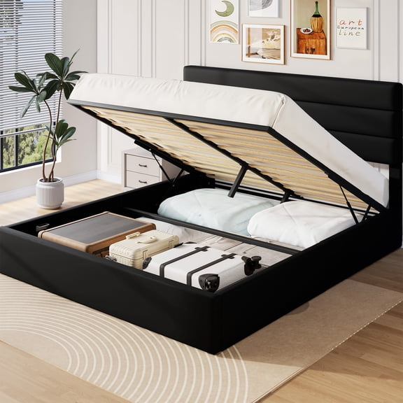 Frostbloom Modern Linen Upholstered Queen Bed with 3-Panel Wingless Headboard, Lift Up Storage Frame, No Box Spring Needed, Black