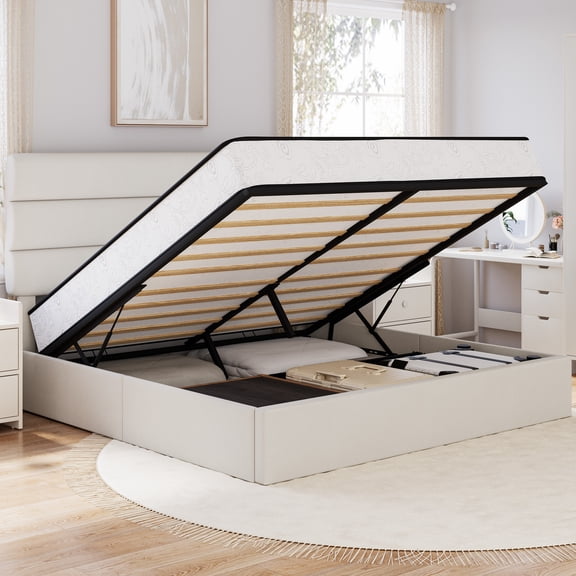 Frostbloom Modern Linen Upholstered King Bed with 3-Panel Wingless Headboard, Lift Up Storage Frame, No Box Spring Needed, Off-White