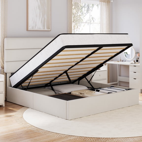 Frostbloom Modern Linen Upholstered Queen Bed with 3-Panel Wingless Headboard, Lift Up Storage Frame, No Box Spring Needed, Off-White