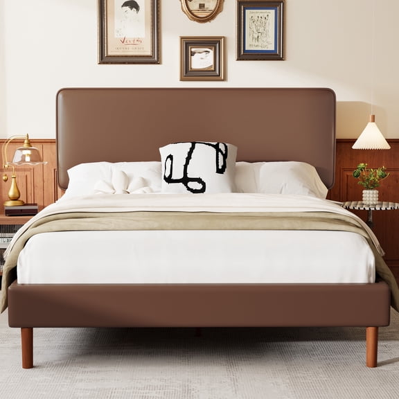 Frostbloom Queen Bed Frame, Upholstered Faux Leather Platform Bed with Adjustable Headboard, Dark Brown
