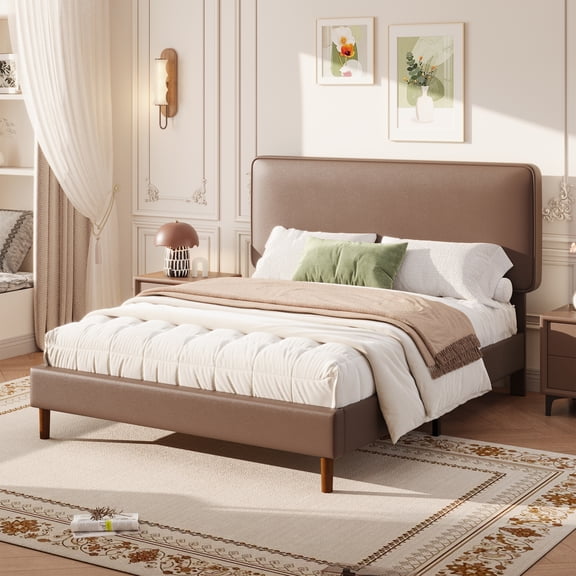 Frostbloom Queen Bed Frame, Upholstered Faux Leather Platform Bed with Adjustable Headboard, Dark Brown