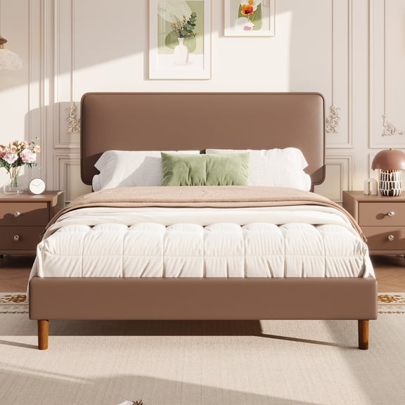 Frostbloom Queen Bed Frame, Upholstered Faux Leather Platform Bed with Adjustable Headboard, Dark Brown