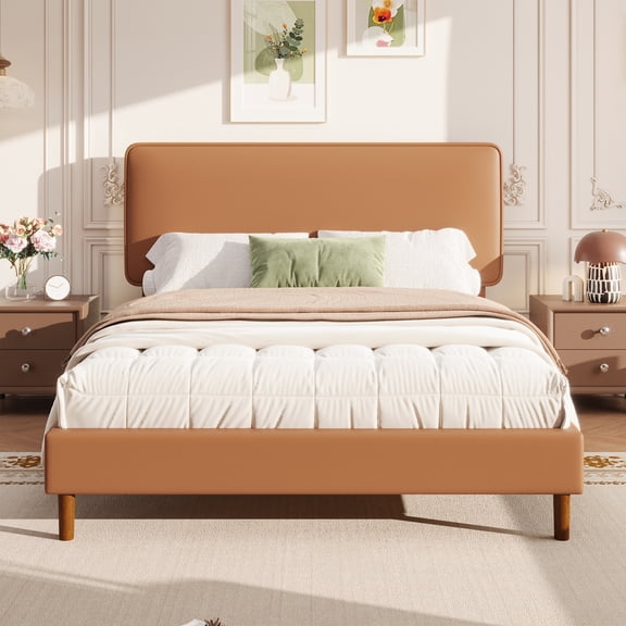 Frostbloom Queen Bed Frame, Upholstered Faux Leather Platform Bed with Adjustable Headboard, Orange Brown