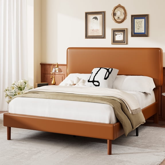 Frostbloom Queen Bed Frame, Upholstered Faux Leather Platform Bed with Adjustable Headboard, Orange Brown