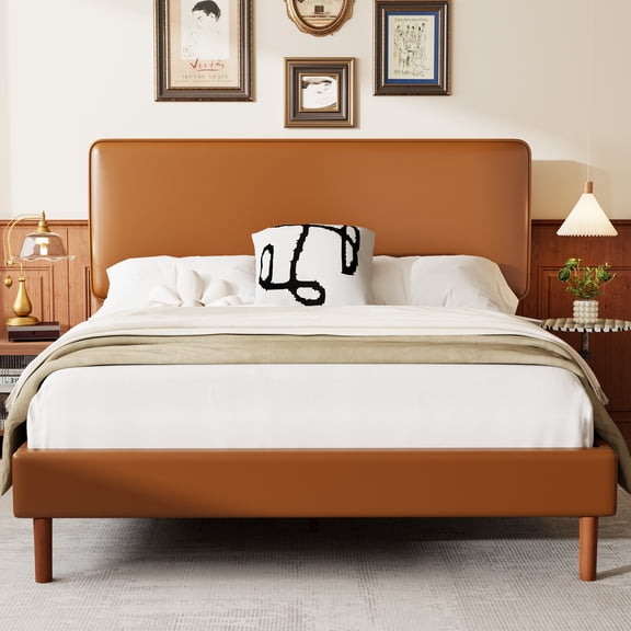 Frostbloom Queen Bed Frame, Upholstered Faux Leather Platform Bed with Adjustable Headboard, Orange Brown