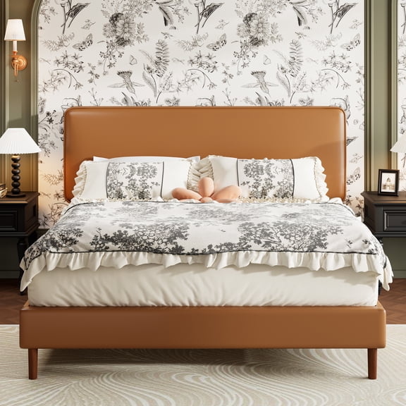 Frostbloom Queen Bed Frame, Upholstered Faux Leather Platform Bed with Adjustable Headboard, Orange Brown