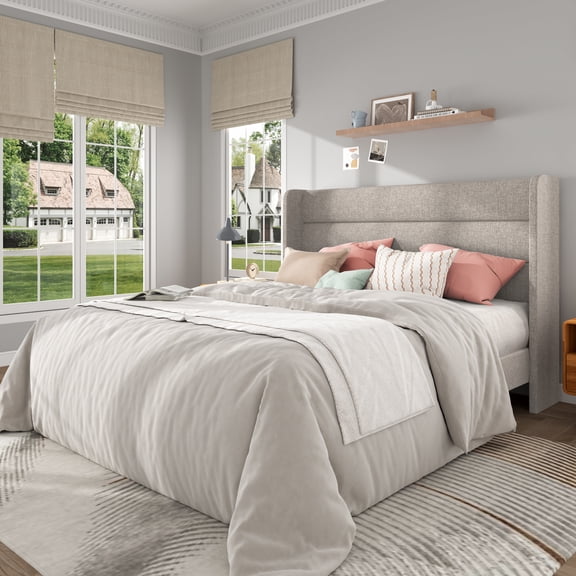 Frostbloom Queen Bed Frame with Linen Fabric Upholstered Wingback Headboard, No Box Spring Needed, Beige