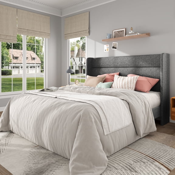 Frostbloom Queen Size Linen Upholstered Platform Bed Frame with Wingback Headboard, No Box Spring Needed, Dark Gray