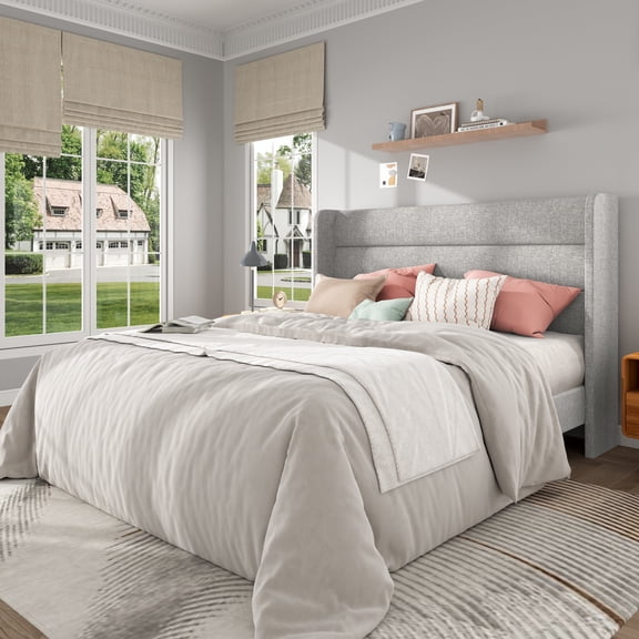 Frostbloom Queen Size Linen Upholstered Platform Bed Frame with Wingback Headboard, No Box Spring Needed, Light Gray