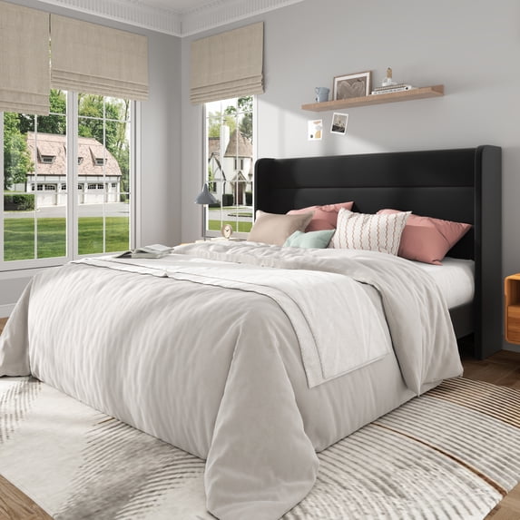 Frostbloom Queen Size Velvet Upholstered Platform Bed Frame with Wingback Headboard, No Box Spring Needed, Black