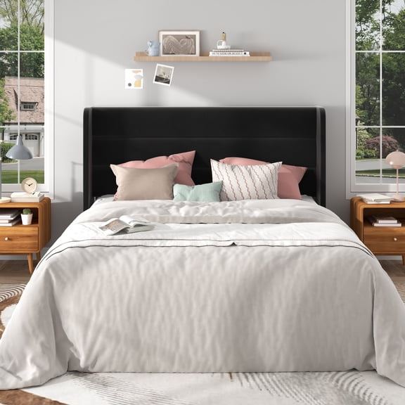 Frostbloom Queen Size Velvet Upholstered Platform Bed Frame with Wingback Headboard, No Box Spring Needed, Black
