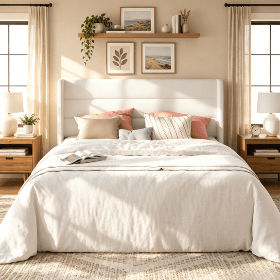 Frostbloom Queen Bed Frame, Upholstered Platform Bed with Velvet Wingback Headboard, No Box Spring Needed, White