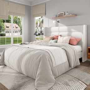 Frostbloom Queen Size Velvet Upholstered Platform Bed Frame with Wingback Headboard, No Box Spring Needed, White