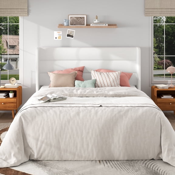 Frostbloom Queen Size Velvet Upholstered Platform Bed Frame with Wingback Headboard, No Box Spring Needed, White