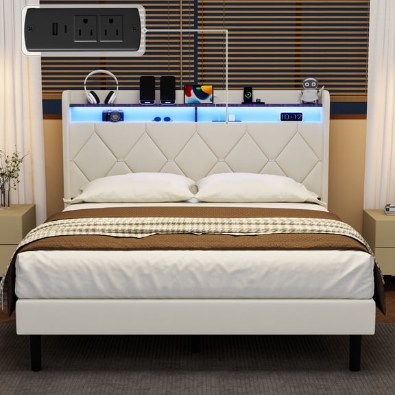 Frostbloom Queen Size Bed Frame with 2-Tier Storage Headboard Shelf, Velvet Upholstery & Charging Station, Off-White