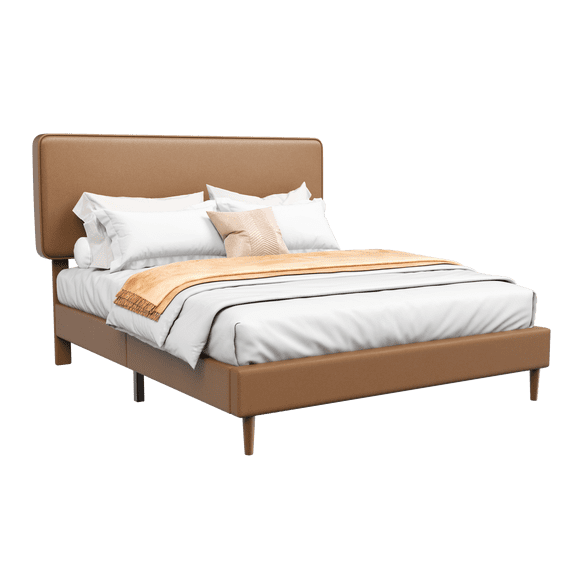 Frostbloom Queen Size Bed Frame with Upholstered Faux Leather Adjustable Headboard, Platform bed, Dark Brown