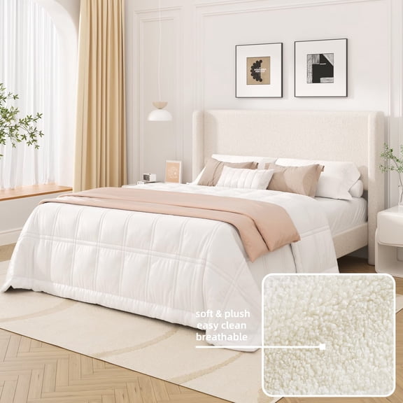 Frostbloom Queen Size Boucle Upholstered Platform Bed Frame with Wingback Headboard, Beige